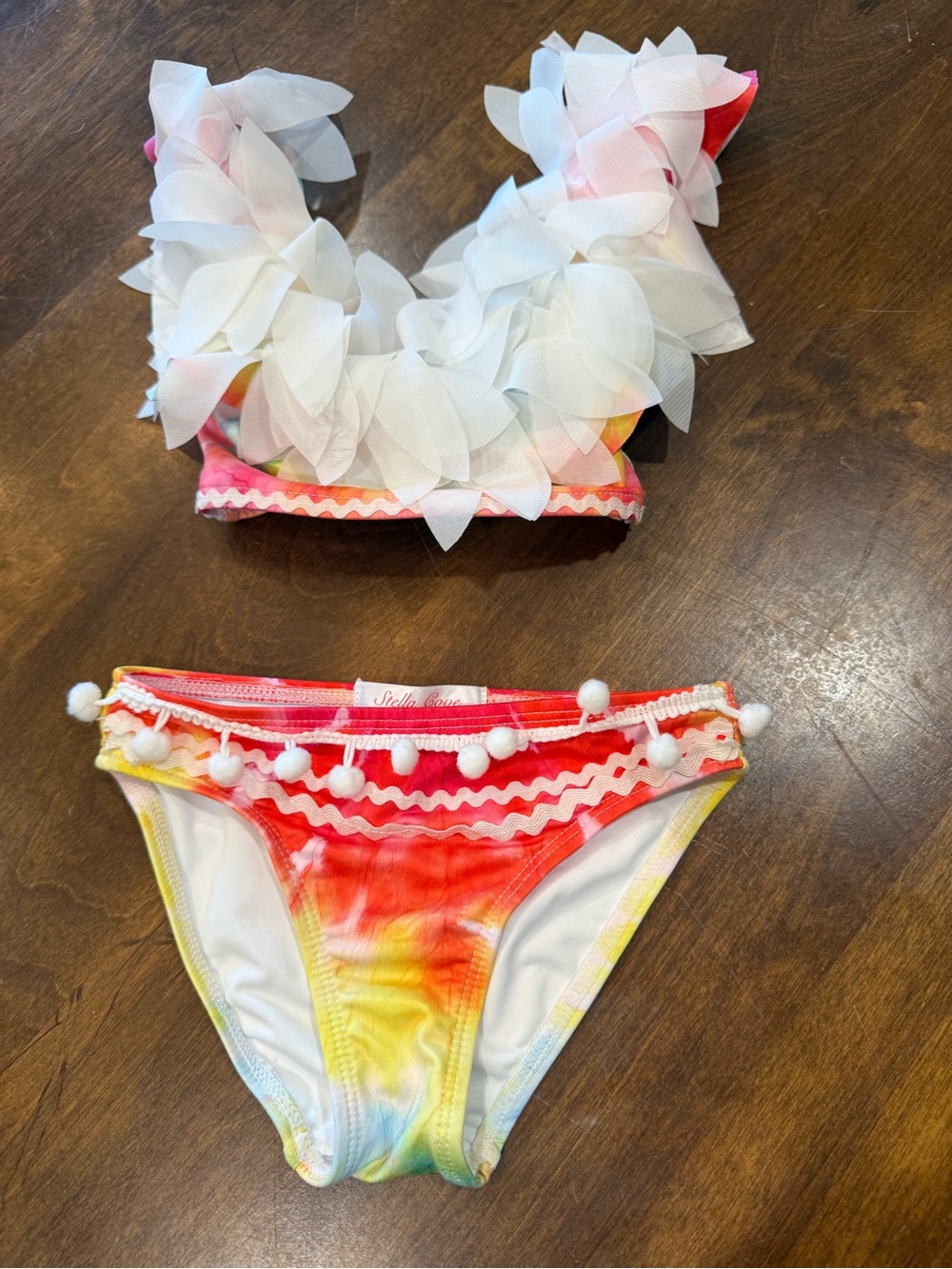 Stella Cove White Floral Ruffle Top with Rainbow Pom-Trim Bikini Bottoms
